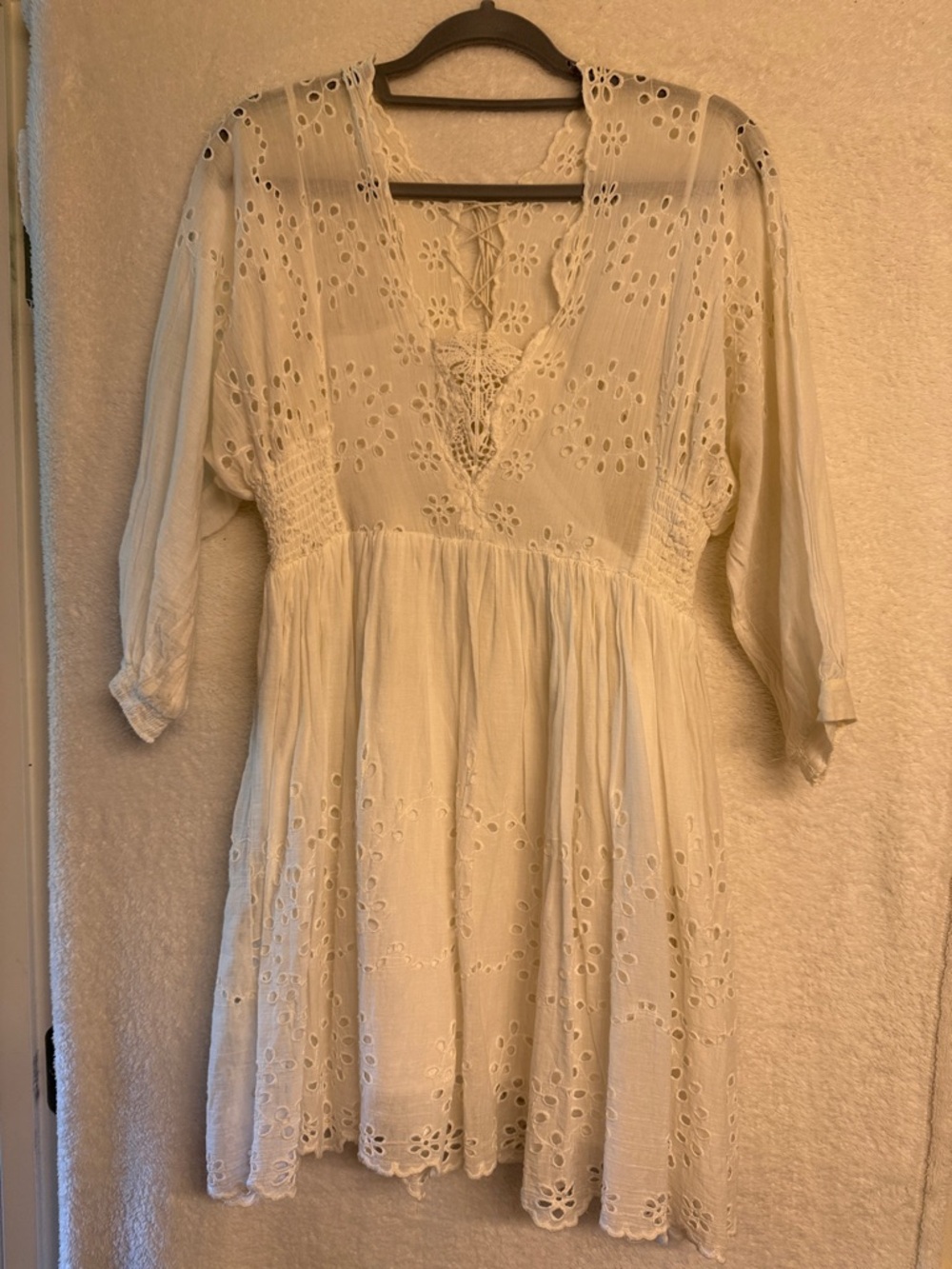 Free People One Boho Lace-Up Eyelet Mini Dress in White